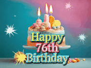 Happy Birthday Age 76 GIF, 76th Birthday GIF: A colorful animated Happy Birthday Cake GIF with swirling sparkles and flickering candles. It reads Happy Birthday Name