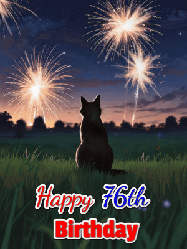 Happy Birthday Age 76 GIF, 76th Birthday GIF: An animated gif at night showing the backside of a sitting cat who watches sparkle and fireworks over a meadow. Customize name and happy birthday.