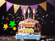 Happy Birthday Age 76 GIF, 76th Birthday GIF: Happy birthday cake animated gif with flickering candles, animated text, and falling confetti. Customize text reading Happy Birthday Customize.