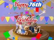 Happy Birthday Age 76 GIF, 76th Birthday GIF: Happy Birthday Cake GIF with a cat, lamb, and squirrel on the cake with flickering candles, a sparkler, and falling confetti. Reads Happy Birthday Name and you can customize the name