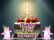 Happy Birthday Age 77 GIF, 77th Birthday GIF: An animated gif with 2 unicorns and a birthday candle on a cake.