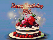 Happy Birthday Age 77 GIF, 77th Birthday GIF: Animated GIF of a birthday cake covered in berries with 2 sparklers and a candle, reads Happy Birthday Name. Customize it.