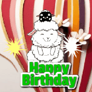 Happy Birthday Age 77 GIF, 77th Birthday GIF: A cute lamb gif with a bouncing lamb with sparklers with text flashing Happy Birthday Name that can be customized.