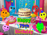 Happy Birthday Age 79 GIF, 79th Birthday GIF: A birthday animated gif with a party room in the background and cute balloons, cake, and name to customize.