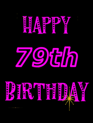 Happy Birthday Age 79 GIF, 79th Birthday GIF: Retro happy birthday GIF with 2 lines of text you can customize on a black background with animated twinkles.