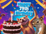 Happy Birthday Age 79 GIF, 79th Birthday GIF: A silly animated birthday gif, a chipmunk lights bady cake sparkler with laser beam eyes and starts a bright glitter party.
