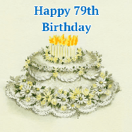 Happy Birthday Age 79 GIF, 79th Birthday GIF: A beautiful vintage birthday cake design with flickering candles atop and three lines of customized happy birthday text.