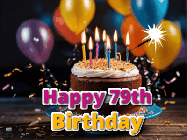 Happy Birthday Age 79 GIF, 79th Birthday GIF: A birthday cake with flickering candles gif with text reading Happy Birthday and a Name slot to customize