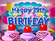 Happy Birthday Age 79 GIF, 79th Birthday GIF: Birthday animated gif with sparklers on text name you can customize. Brightly colored with a close up cake cherries.