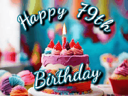 Happy Birthday Age 79 GIF, 79th Birthday GIF: Animated Happy Birthday Gif reading Happy Birthday Customize. Depicts a colorful birthday with flickering candles and glitter.