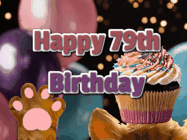 Happy Birthday Age 79 GIF, 79th Birthday GIF: Cute Kitten Birthday Cupcake GIF with a cupcake raised by a cats head, then it pulls down text reading Happy Birthday Name