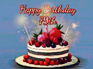 Happy Birthday Age 79 GIF, 79th Birthday GIF: Animated GIF of a birthday cake covered in berries with 2 sparklers and a candle, reads Happy Birthday Name. Customize it.