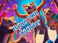 Happy Birthday Age 79 GIF, 79th Birthday GIF: Happy Birthday GIF depicting a mongoose party with animated fireworks, sparkles and champagne. Reads Happy Birthday Name. Customize it.
