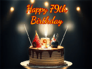Happy Birthday Age 79 GIF, 79th Birthday GIF: Animated birthday cake gif with sparklers on a dark background. Personalize up to 3 lines of text.