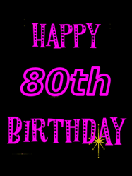 Happy Birthday Age 80 GIF, 80th Birthday GIF: Retro happy birthday GIF with 2 lines of text you can customize on a black background with animated twinkles.