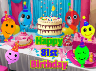 Happy Birthday Age 81 GIF, 81st Birthday GIF: A birthday animated gif with a party room in the background and cute balloons, cake, and name to customize.