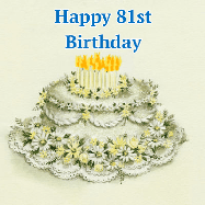 Happy Birthday Age 81 GIF, 81st Birthday GIF: A beautiful vintage birthday cake design with flickering candles atop and three lines of customized happy birthday text.