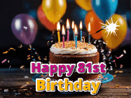 Happy Birthday Age 81 GIF, 81st Birthday GIF: A birthday cake with flickering candles gif with text reading Happy Birthday and a Name slot to customize