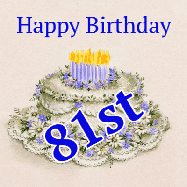 Happy Birthday Age 81 GIF, 81st Birthday GIF: A beautiful animated birthday gif with a vintage style cake drawing and animated candle flames. Customize the name and text.