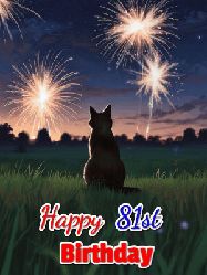 Happy Birthday Age 81 GIF, 81st Birthday GIF: An animated gif at night showing the backside of a sitting cat who watches sparkle and fireworks over a meadow. Customize name and happy birthday.