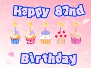 Happy Birthday Age 82 GIF, 82nd Birthday GIF: Pink animated birthday gif with 5 cupcakes and candles and animated text you can customize with name.