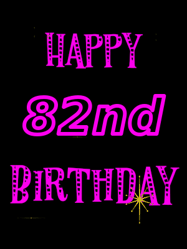 Happy Birthday Age 82 GIF, 82nd Birthday GIF: Retro happy birthday GIF with 2 lines of text you can customize on a black background with animated twinkles.