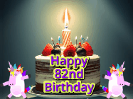 Happy Birthday Age 82 GIF, 82nd Birthday GIF: An animated gif with 2 unicorns and a birthday candle on a cake.