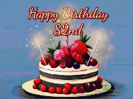 Happy Birthday Age 82 GIF, 82nd Birthday GIF: Animated GIF of a birthday cake covered in berries with 2 sparklers and a candle, reads Happy Birthday Name. Customize it.
