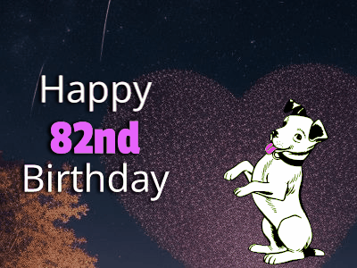 A dynamic GIF with spinning elements and a bold '82' to celebrate the birthday