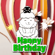 Happy Birthday Age 82 GIF, 82nd Birthday GIF: A cute lamb gif with a bouncing lamb with sparklers with text flashing Happy Birthday Name that can be customized.