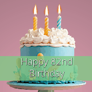 Happy Birthday Age 82 GIF, 82nd Birthday GIF: Sparkles fly over a birthday cake that has 3 flickering candles, text in a colored band read Happy Birthday Name.