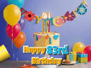 Happy Birthday Age 83 GIF, 83rd Birthday GIF: Happy birthday cake animated gif with flickering candles, balloons, confetti, and text to customize.