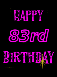 Happy Birthday Age 83 GIF, 83rd Birthday GIF: Retro happy birthday GIF with 2 lines of text you can customize on a black background with animated twinkles.