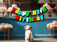 Happy Birthday Age 83 GIF, 83rd Birthday GIF: Cute puppy animated birthday gif with dog watching the cake shop, then cake arrives and tail goes crazy! Customize it!