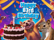 Happy Birthday Age 83 GIF, 83rd Birthday GIF: A silly animated birthday gif, a chipmunk lights bady cake sparkler with laser beam eyes and starts a bright glitter party.