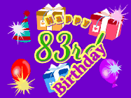 Happy Birthday Age 83 GIF, 83rd Birthday GIF: Animated Birthday GIF with growing and shrinking background and sparklers and a customizable name that spins around.