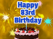 Happy Birthday Age 83 GIF, 83rd Birthday GIF: A glitter and sparkle happy birthday gif with swelling sparkles, a birthday cake, and 3 lines of text to customize