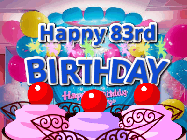 Happy Birthday Age 83 GIF, 83rd Birthday GIF: Birthday animated gif with sparklers on text name you can customize. Brightly colored with a close up cake cherries.