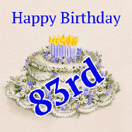 Happy Birthday Age 83 GIF, 83rd Birthday GIF: A beautiful animated birthday gif with a vintage style cake drawing and animated candle flames. Customize the name and text.