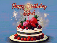 Happy Birthday Age 83 GIF, 83rd Birthday GIF: Animated GIF of a birthday cake covered in berries with 2 sparklers and a candle, reads Happy Birthday Name. Customize it.