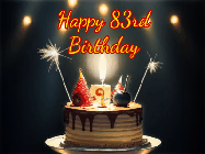 Happy Birthday Age 83 GIF, 83rd Birthday GIF: Animated birthday cake gif with sparklers on a dark background. Personalize up to 3 lines of text.