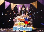 Happy Birthday Age 83 GIF, 83rd Birthday GIF: Happy birthday cake animated gif with flickering candles, animated text, and falling confetti. Customize text reading Happy Birthday Customize.