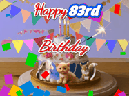 Happy Birthday Age 83 GIF, 83rd Birthday GIF: Happy Birthday Cake GIF with a cat, lamb, and squirrel on the cake with flickering candles, a sparkler, and falling confetti. Reads Happy Birthday Name and you can customize the name