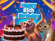 Happy Birthday Age 85 GIF, 85th Birthday GIF: A silly animated birthday gif, a chipmunk lights bady cake sparkler with laser beam eyes and starts a bright glitter party.