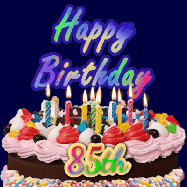 Happy Birthday Age 85 GIF, 85th Birthday GIF: A dark blue birthday gif with a beautiful cake with flickering candles, background sparkles and a name to customize.