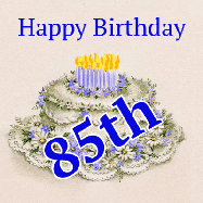 Happy Birthday Age 85 GIF, 85th Birthday GIF: A beautiful animated birthday gif with a vintage style cake drawing and animated candle flames. Customize the name and text.