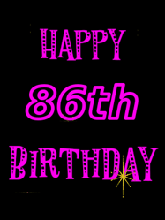 Happy Birthday Age 86 GIF, 86th Birthday GIF: Retro happy birthday GIF with 2 lines of text you can customize on a black background with animated twinkles.