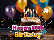 Happy Birthday Age 86 GIF, 86th Birthday GIF: A birthday cake with flickering candles gif with text reading Happy Birthday and a Name slot to customize