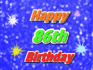 Happy Birthday Age 86 GIF, 86th Birthday GIF: A glitter birthday gif with a blue glitter background and animated text reading Happy Birthday Name