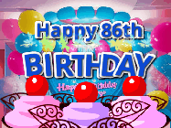 Happy Birthday Age 86 GIF, 86th Birthday GIF: Birthday animated gif with sparklers on text name you can customize. Brightly colored with a close up cake cherries.